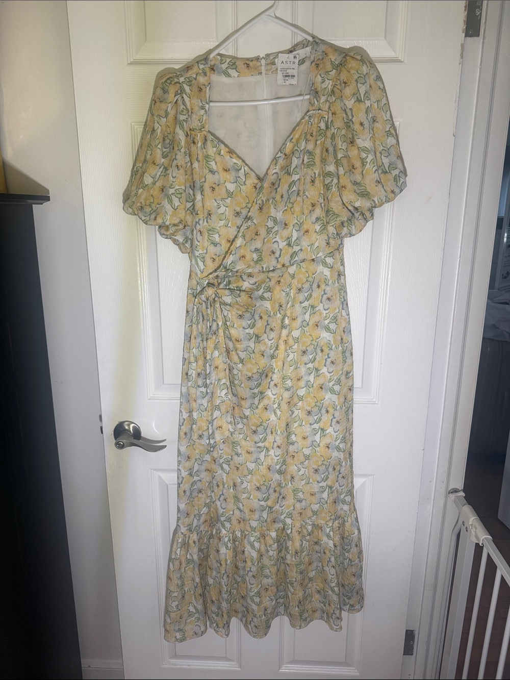 Astr Yellow Floral Wrap Midi Dress with Puff Sleeves